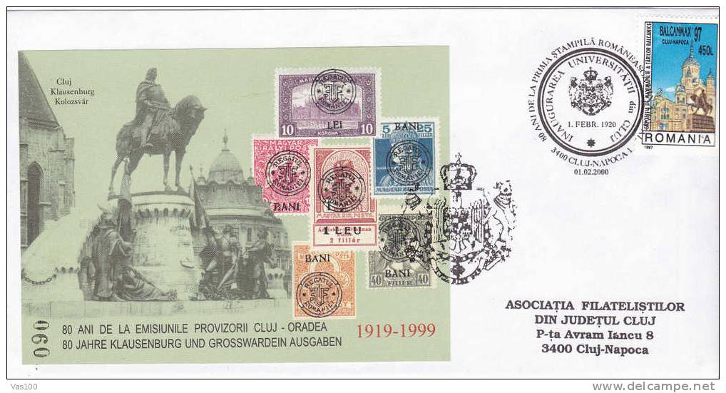 Local Post Cluj-Oradea 1919 Labels Block Numerote Anniversary Cover 2000 Obliteration Concordate Cluj - Emissions Locales