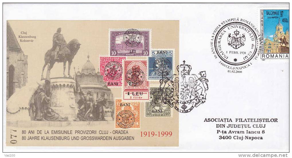 Local Post Cluj-Oradea 1919 Labels Block Numerote Anniversary Cover 2000 Obliteration Concordate Cluj - Ortsausgaben