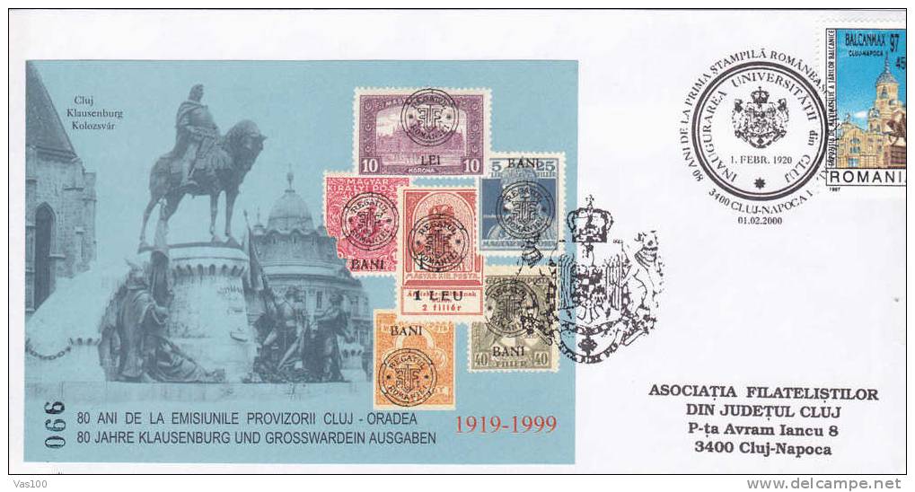 Local Post Cluj-Oradea 1919 Labels Block Numerote Anniversary Cover 2000 Obliteration Concordate Cluj - Local Post Stamps