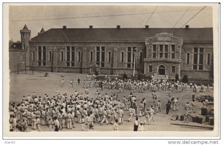 Unknown Prison(?) On C1910s Vintage Real Photo Postcard, Men Gather In Yard, Architecture - Prison