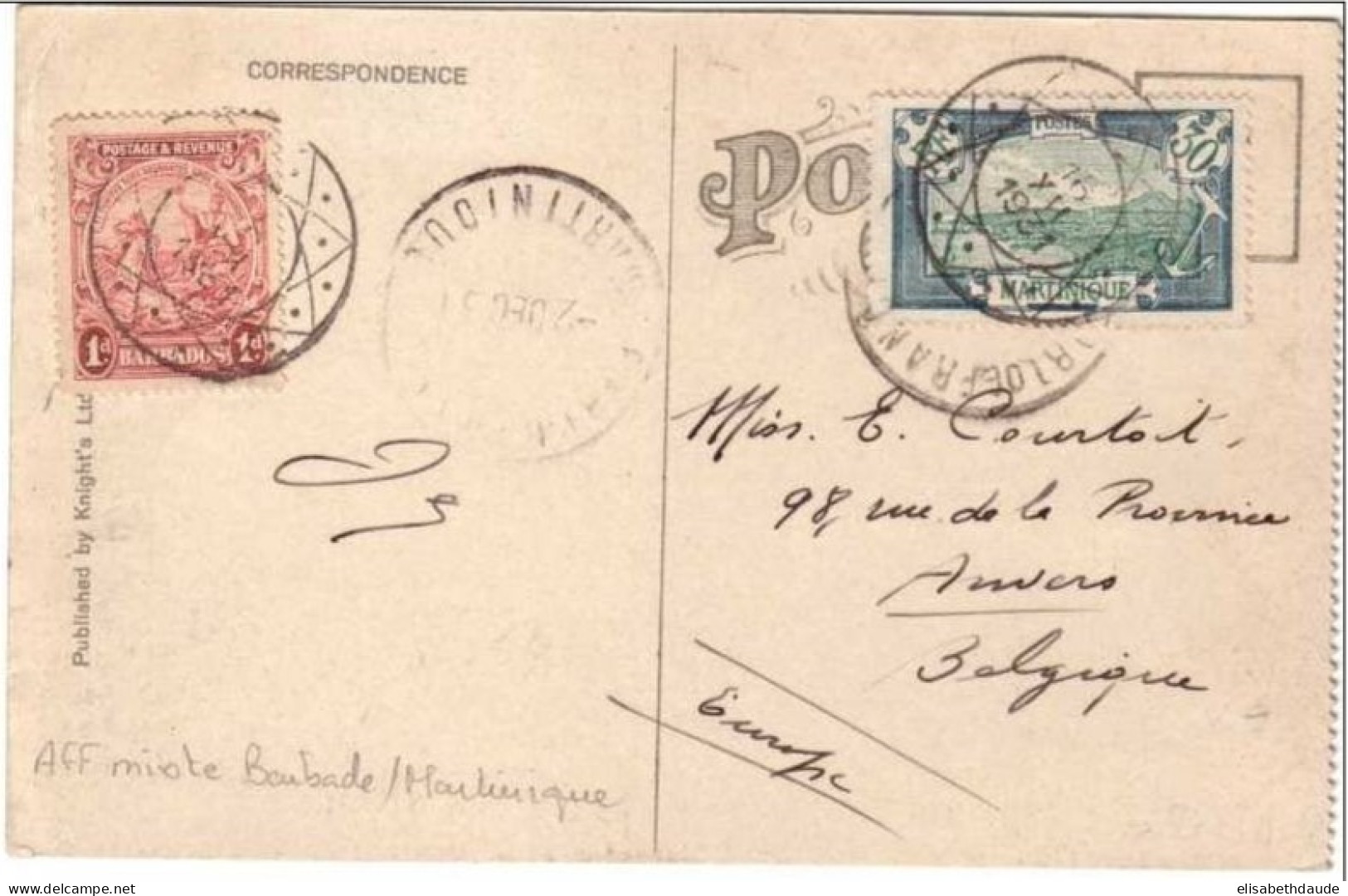 RARE - 1931 - Affranchissement Mixte BARBADE / MARTINIQUE (Fort De France) Sur CPA Des Barbades  => Belgique - Lettres & Documents