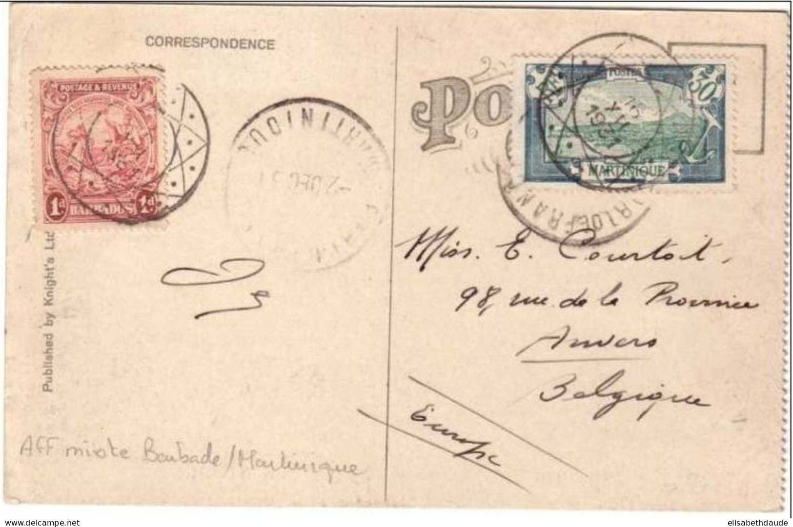 RARE - 1931 - Affranchissement Mixte BARBADE / MARTINIQUE (Fort De France) Sur CPA Des Barbades  => Belgique - Covers & Documents