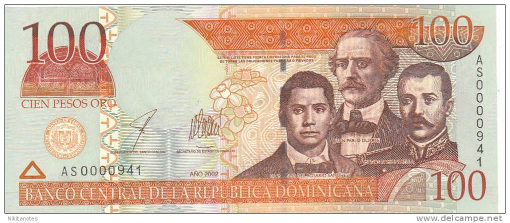 2002 DOMINICAN REPUBLIC 100 PESOS ORO UNC - República Dominicana