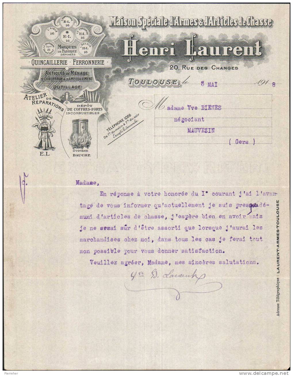 MAISON SPECIALE D ARMES & D ARTICLES DE CHASSE - COFFRES FORTS - HENRI LAURENT - TOULOUSE - 3 MAI 1918 - CORRESPONDANCE - Sport & Turismo