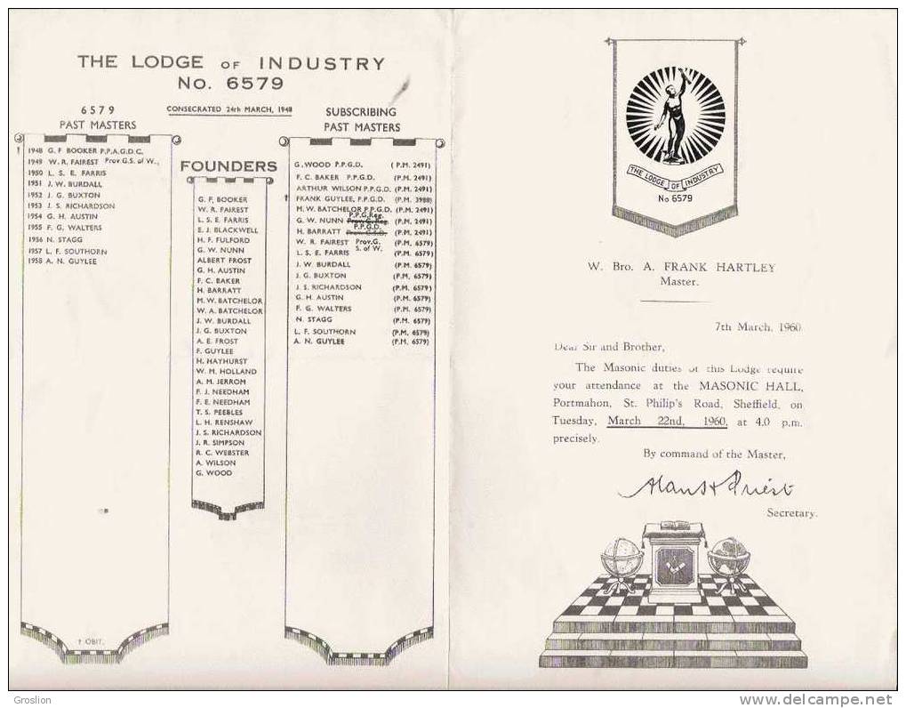 FRANC MACONNERIE THE LODGE OF INDUSTRY SHEFFIELD 1960 - Documents Historiques