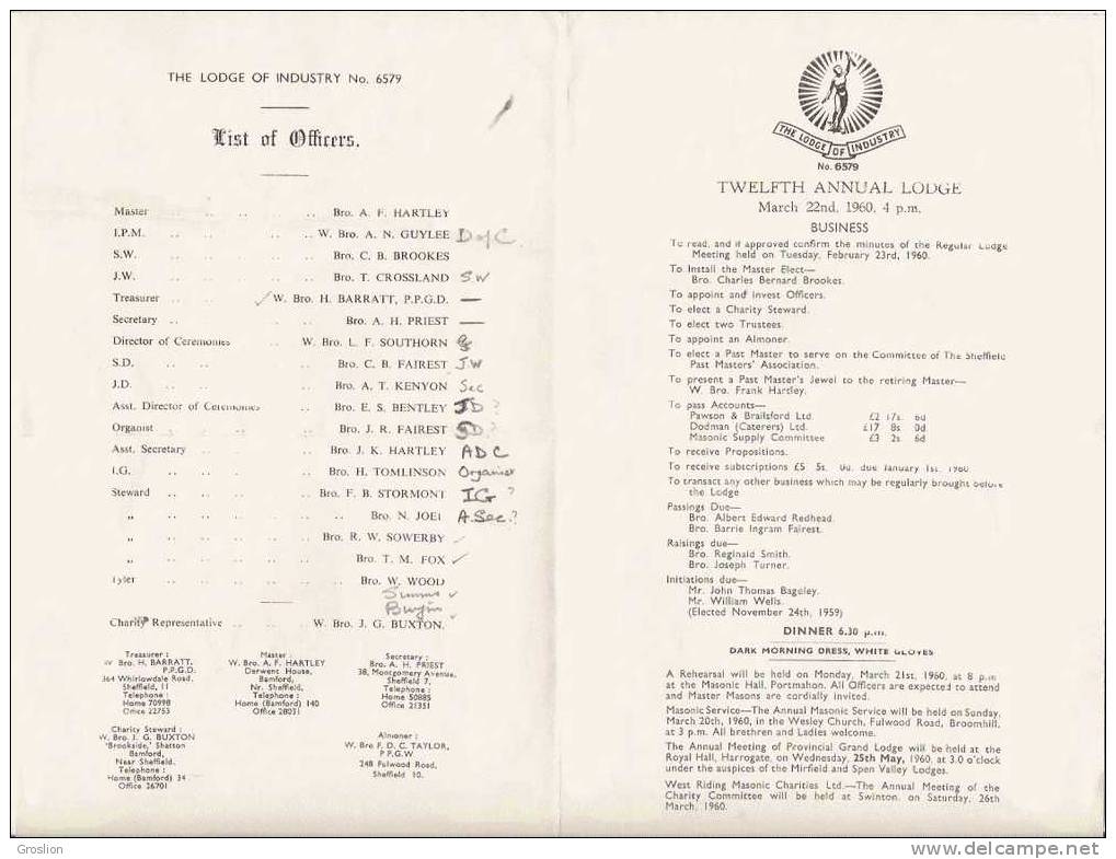 FRANC MACONNERIE THE LODGE OF INDUSTRY SHEFFIELD 1960 - Documents Historiques