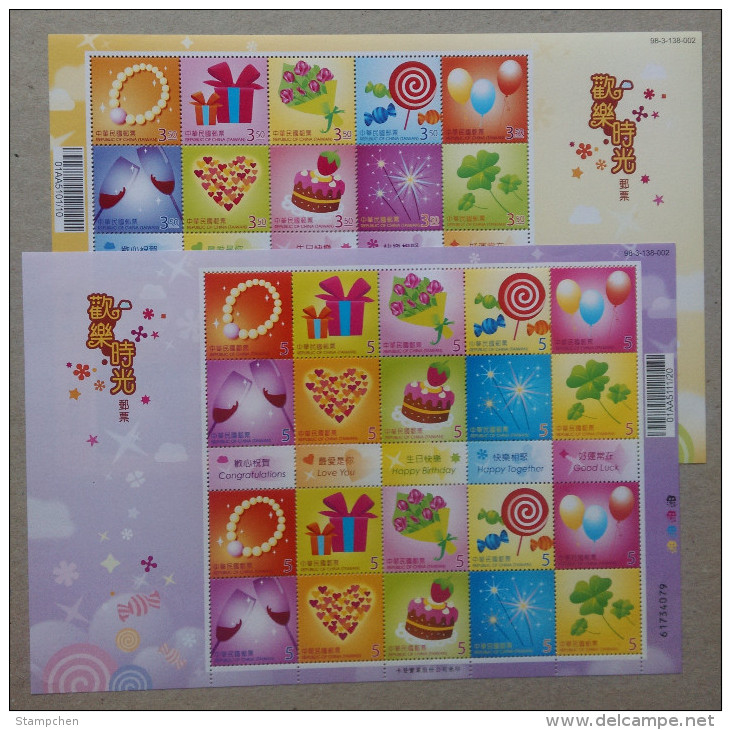 2009 Happy Times Stamps Sheets Champagne Liquor Wine Pearl Bouquet Rose Candy Balloon Heart Cake Clover Strawberry - Wines & Alcohols