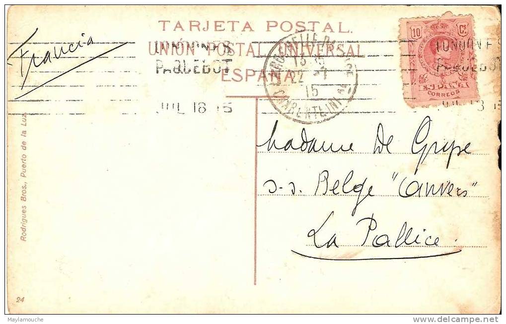 Las Palmas Atalaya Loza Delpaiz  1915  (tampon Paquebot London F S - La Palma