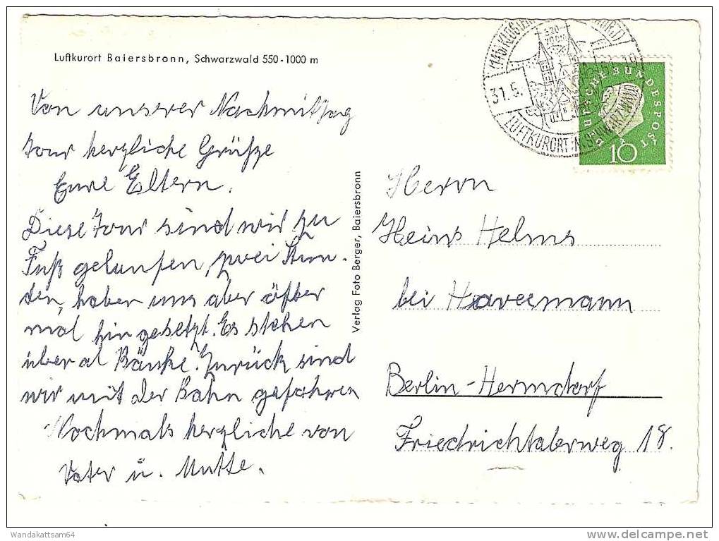 AK Luftkurort Baiersbronn Schwarzwald 550 - 1000 M 31.5.61 - 19 (14b) KLOSTERREICHENBACH (WÜRTT) LUFTKURORT IM SCHWARZWA - Baiersbronn