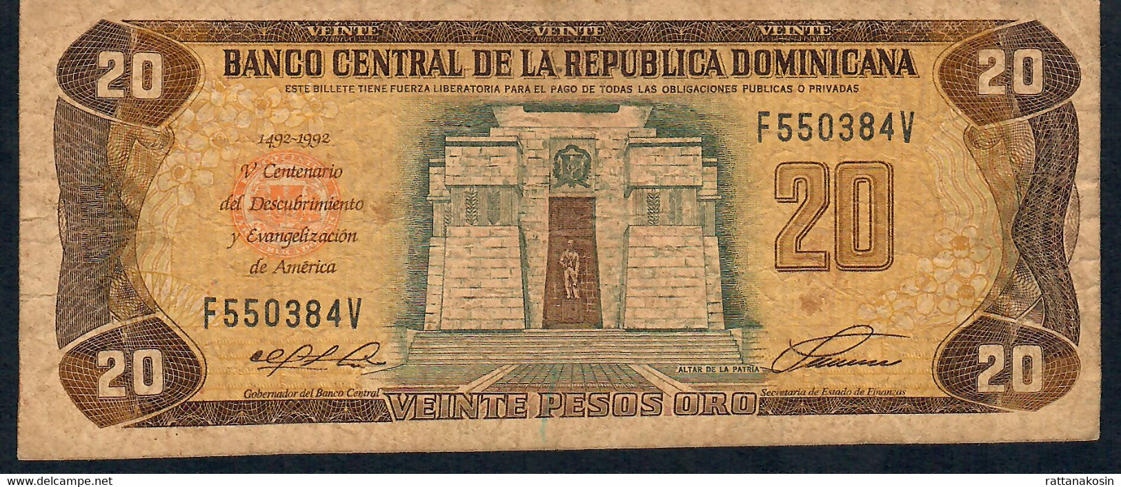 REPUBLIQUE DOMINICAINE P139   20  PESOS ORO   1992 F-VF - Repubblica Dominicana