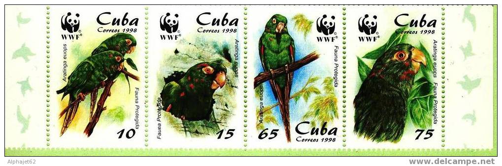 Oiseaux, Faune - Perroquets Verts - CUBA - W.W.F. 4 Timbres émis Se Tenant - N° 3749 à 3752 ** - 1998 - Ongebruikt