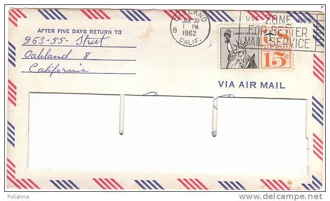 A0454 - 15 Cent.Liberty For All Posta Aerea VG Oakland-Torino 30-01-1962 - Storia Postale
