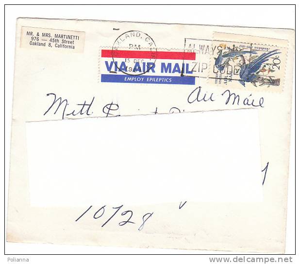 A0460 - 20 Cent. Audubon Posta Aerea + Via Air Mail VG Oakland-Torino 15-11-1967 Ann. A Targh. - Covers & Documents