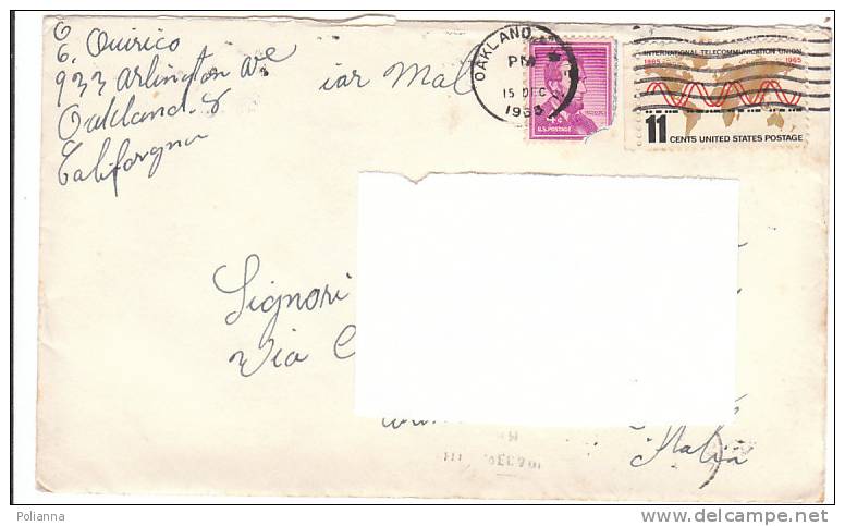 A0463 - 11 Cent.Int.Telecom.Union + 4 Cent.Lincoln VG Oakland-Torino 15-12-19659 Ann.a Targh.- Chiudilettera - Storia Postale