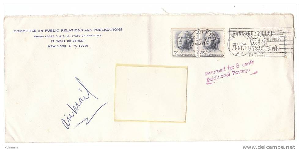 A0472 - 2 X 5 Cent.(affrancatura Insuff.) VG New York-Torino 08-09-1964 Ann. Targhetta - Storia Postale