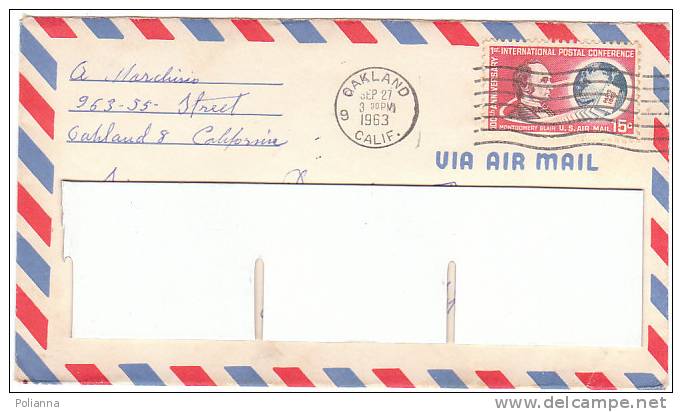 A0473 - 15 Cent.100° Ann.Int.Postal Conf. Posta Aerea VG Oakland-Torino 27-09-1963 - Storia Postale