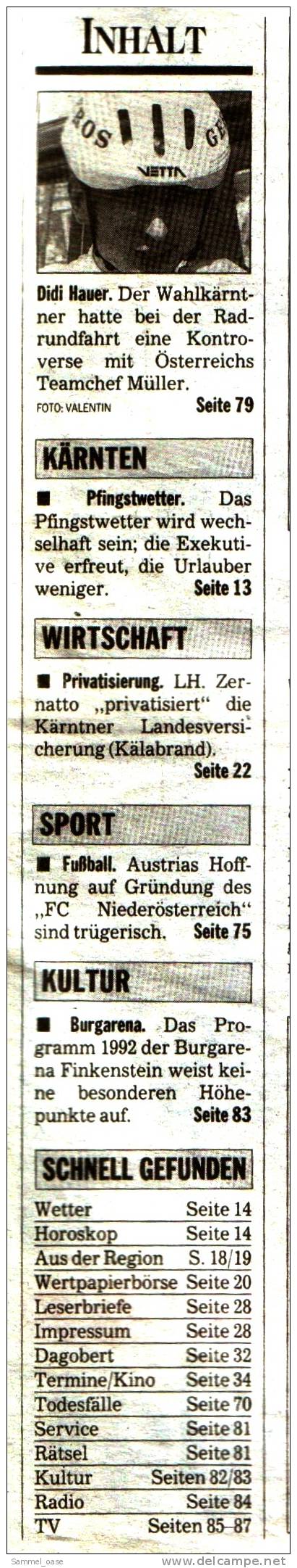 KLEINE  ZEITUNG Kärnten Klagenfurt  5.6.1992  -  TV, Fussball , Kultur , Politik Und Interessante Berichte - Sonstige & Ohne Zuordnung