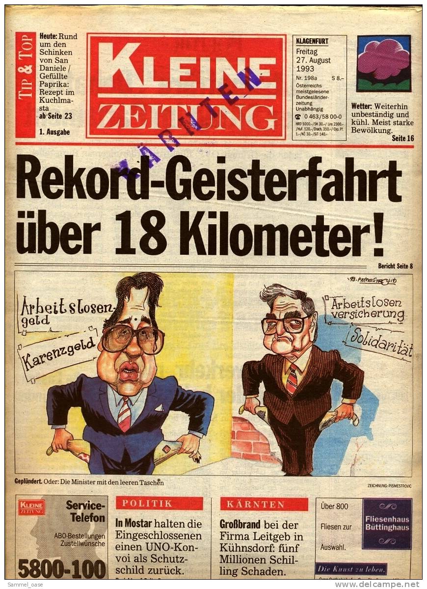 KLEINE  ZEITUNG Kärnten Klagenfurt  27.8.1993  -  TV, Fussball , Kultur , Politik Und Interessante Berichte - Sonstige & Ohne Zuordnung