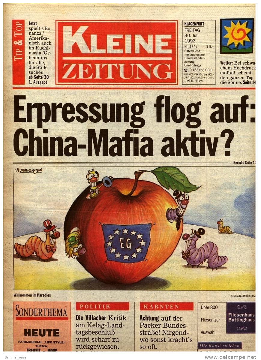 KLEINE  ZEITUNG Kärnten Klagenfurt  30.7.1993  -  TV, Fussball , Kultur , Politik Und Interessante Berichte - Sonstige & Ohne Zuordnung