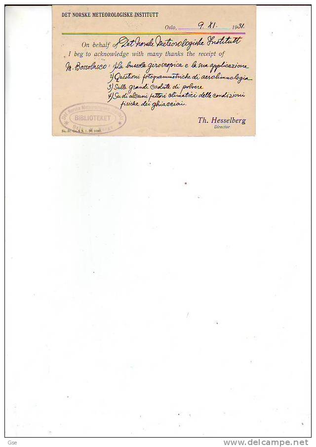NORVEGIA  1931 - Cartolina  Con Annullo Speciale- Istituto Metereologico - Climate & Meteorology