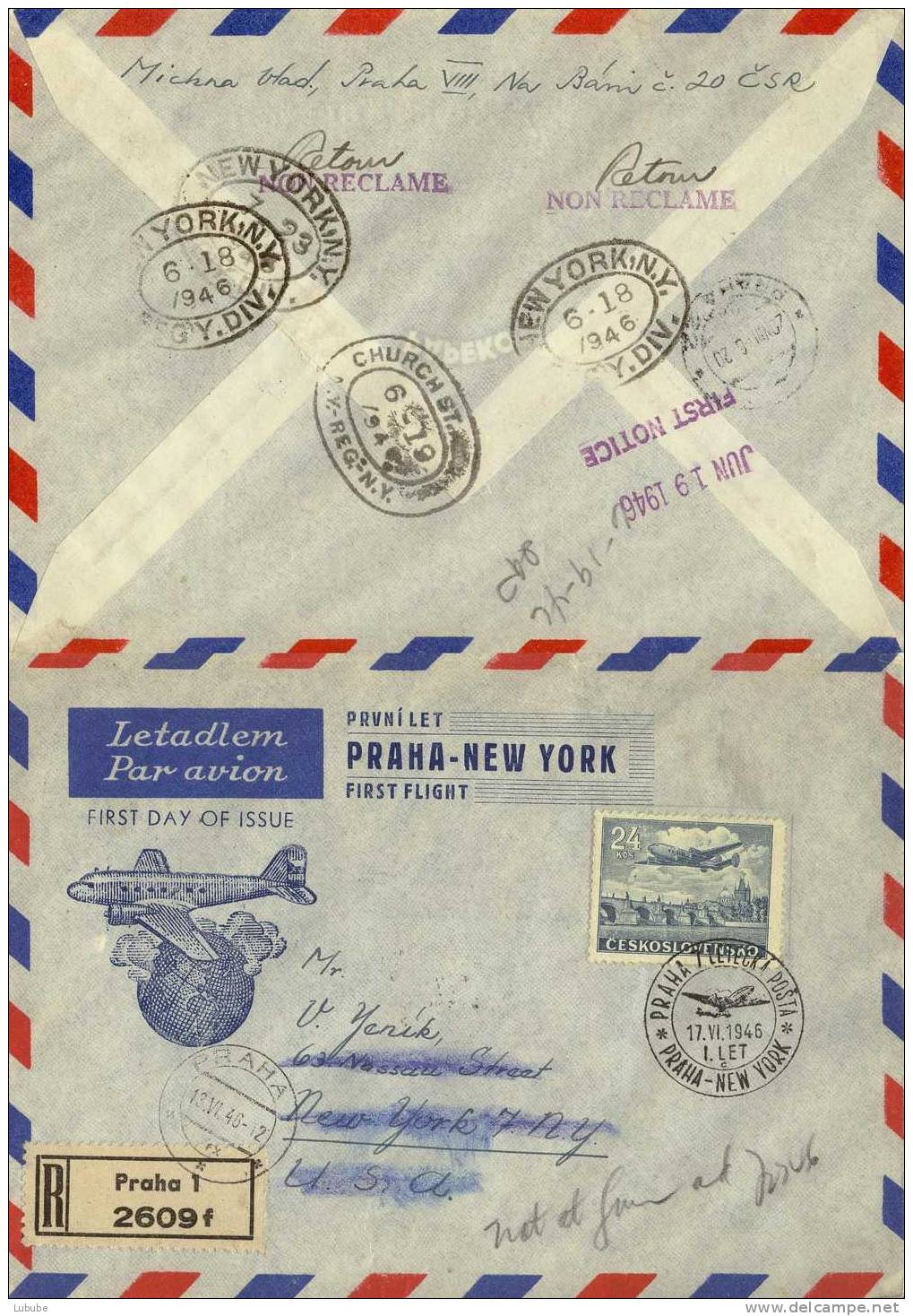 R-Erstflug Prag - New York      1946 - Covers & Documents