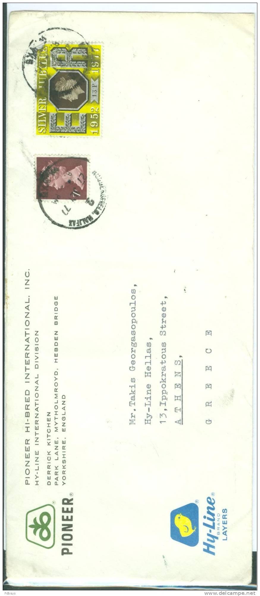 1977 SG 874 + 1037 PIONEER HI-BRED INT. ENVELOPPE HUDDERSFIELD TO ATHENS - - Unclassified