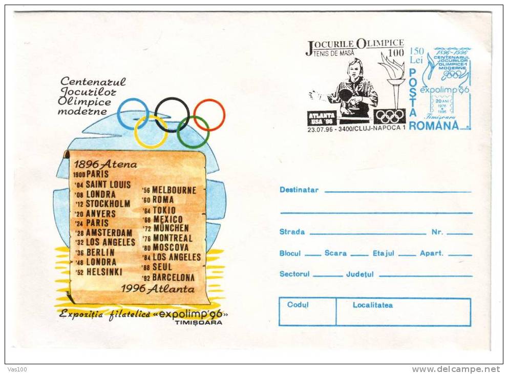 ROMROMANIA 1996 VERY RARE STATIONERY Cover  With TABLE TENNIS JEUX OLYMPIQUES ATLNTA. - Table Tennis