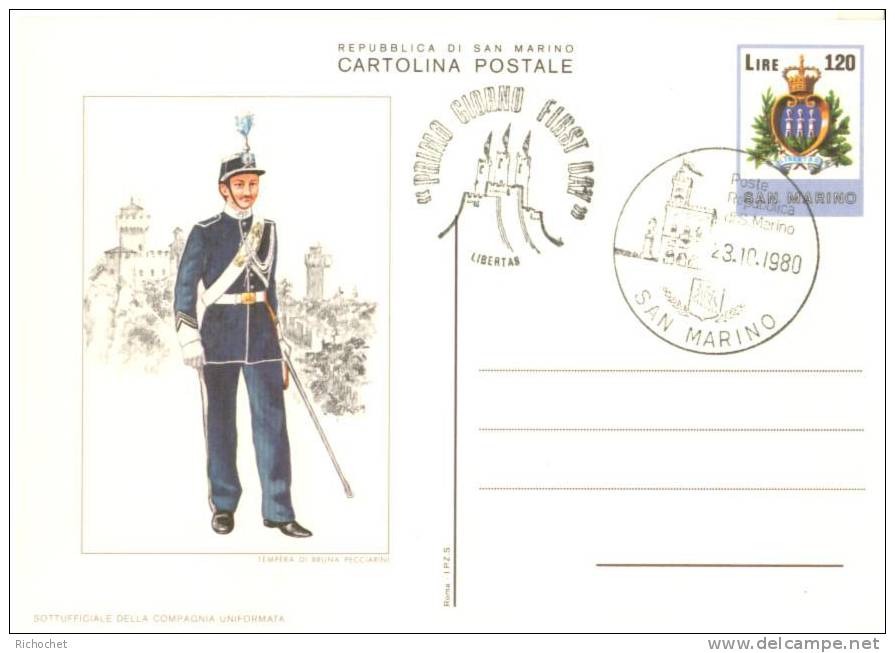 Saint-Marin 6 Cartes Postales Costumes Militaires FDC - Entiers Postaux