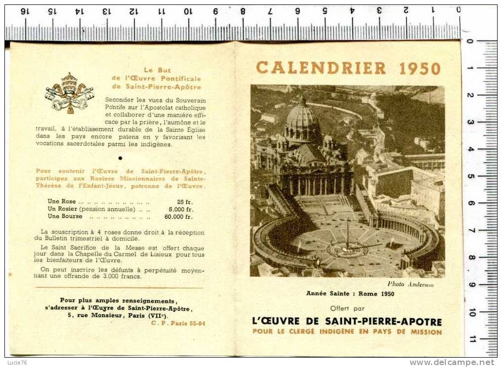 CALENDRIER  1950  -   L'Oeuvre De Saint Pierre Apôtre - Petit Format : 1941-60