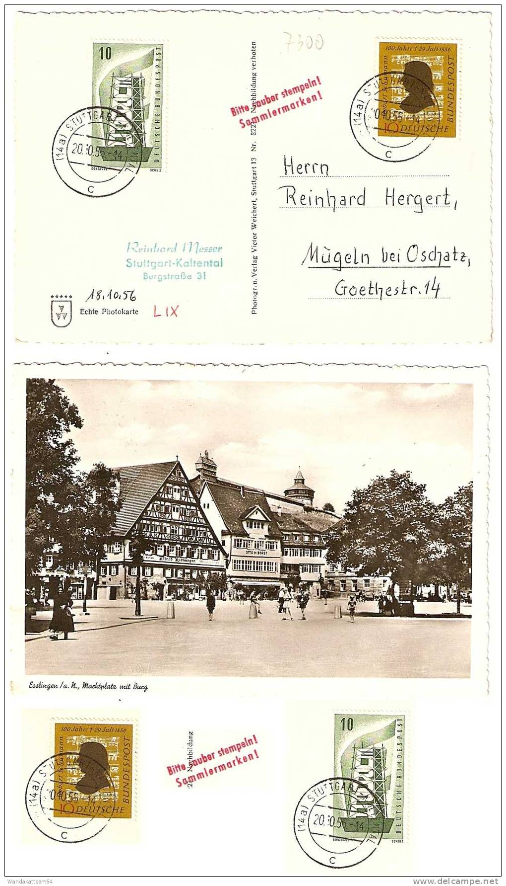 AK 8223 Esslingen / A. N. Marktplatz Mit Burg 20.10.56 - 14 (14a) STUTTGART - KALTENTAL C Nach Mügeln Bei Oschatz - Esslingen