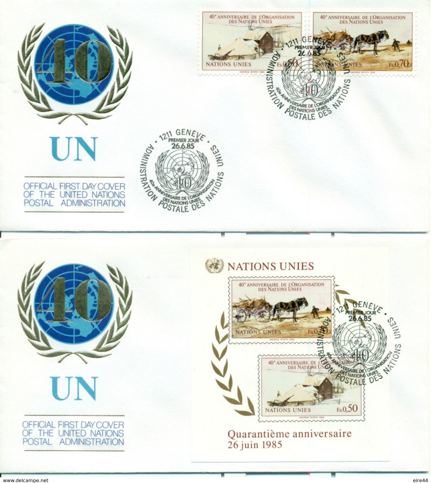 United Nations Geneve 1985 2 FDC Anniversary  Andrew Wyeth Horse - FDC