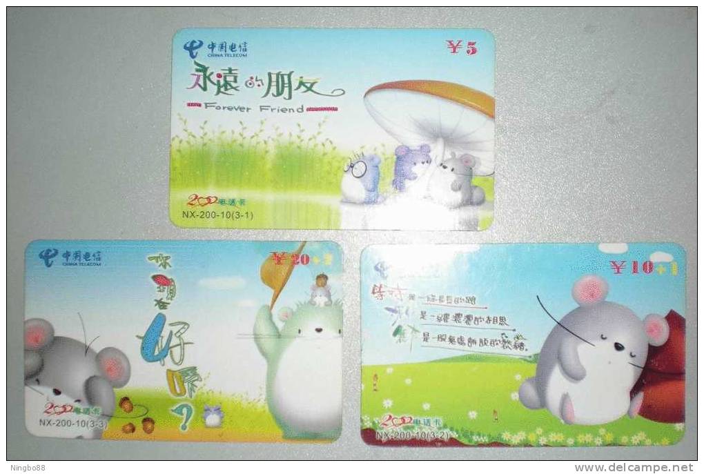 China 2003 Set Of 3 Used Phonecards Cartoon Animal - BD