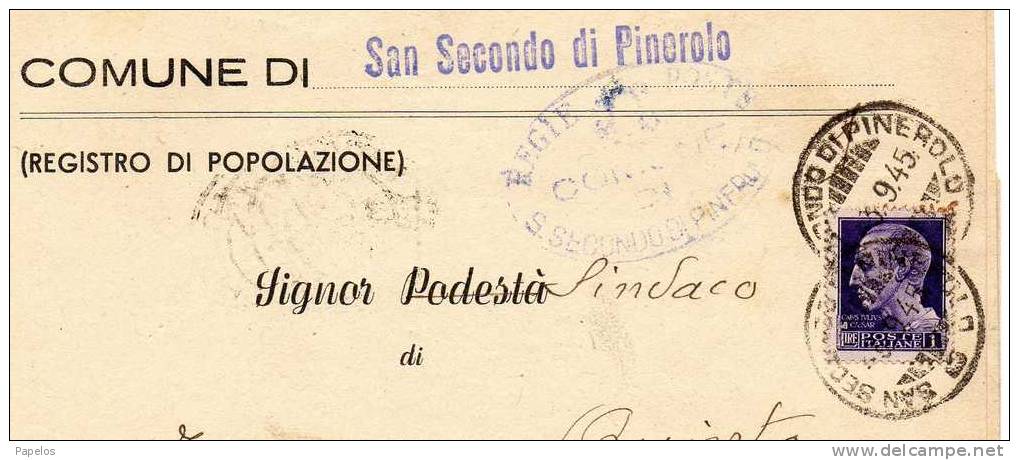 STORIA POSTALE 1945   LETTERA CON ANNULLO SAN SECONDO DI PINEROLO TORINO  + STEMMA COMUNALE+ ANNULLO QUINTO DI TREVISO - Marcophilia