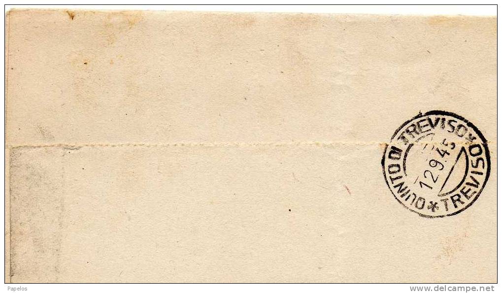 STORIA POSTALE 1945   LETTERA CON ANNULLO SAN SECONDO DI PINEROLO TORINO  + STEMMA COMUNALE+ ANNULLO QUINTO DI TREVISO - Marcophilia