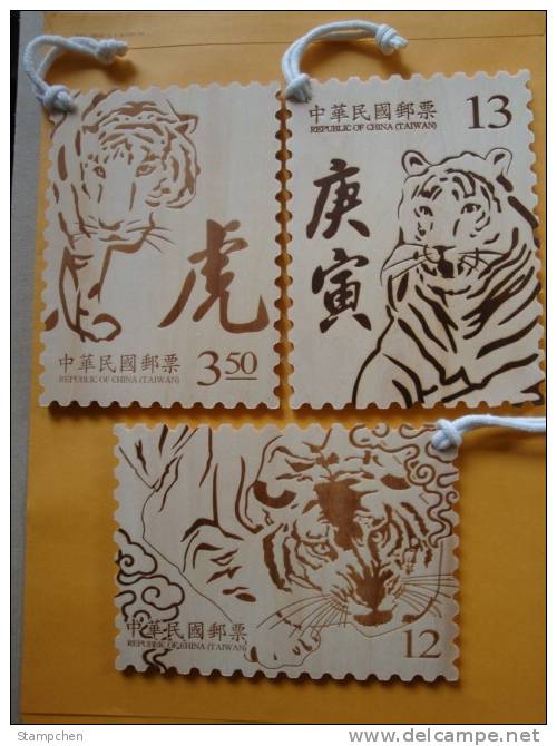 Taiwan Wooden Post Cards 2009 Chinese New Year Zodiac Stamps & S/s- Tiger 2010 - Postwaardestukken