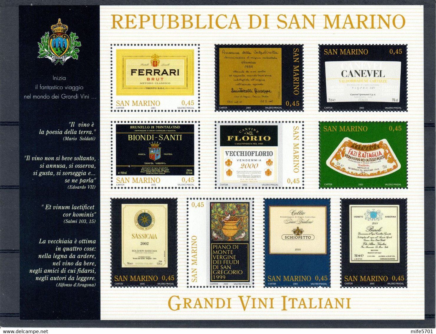 REPUBBLICA DI SAN MARINO 2005 GRANDI VINI ITALIANI € 0,45 - FOGLIETTO DI 10 FRANCOBOLLI - MNH ** SASSONE 2069/2078 BF67 - Nuovi