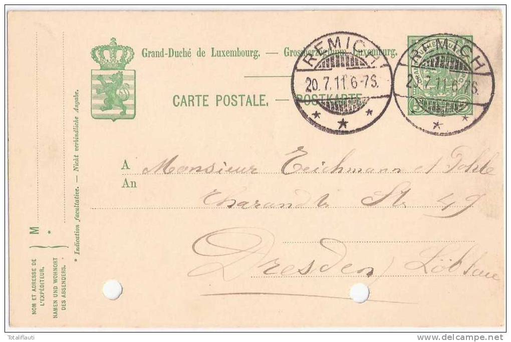 Luxembourg Entier P 63 5 Ct Vert 1907 Circulee REMICH 20.7.1911 Gelocht - Stamped Stationery