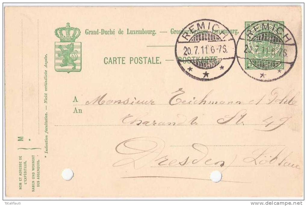 Luxembourg Entier P 63 5 Ct Vert 1907 Circulee REMICH 20.7.1911 Gelocht - Ganzsachen