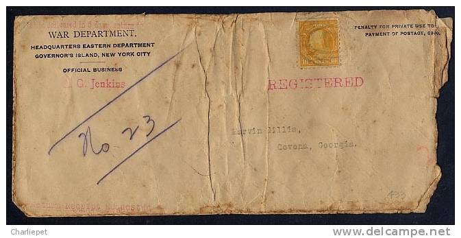 US 1916 War Department Headquaters Eastern Department Goverors Island NY Registed Cover - Poststempel