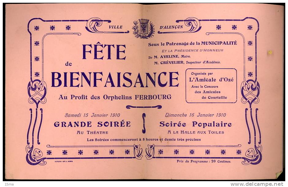 Alençon Fête De Bienfaisance 1910 Programme 15 X 24cm 4 Pages - Programmi