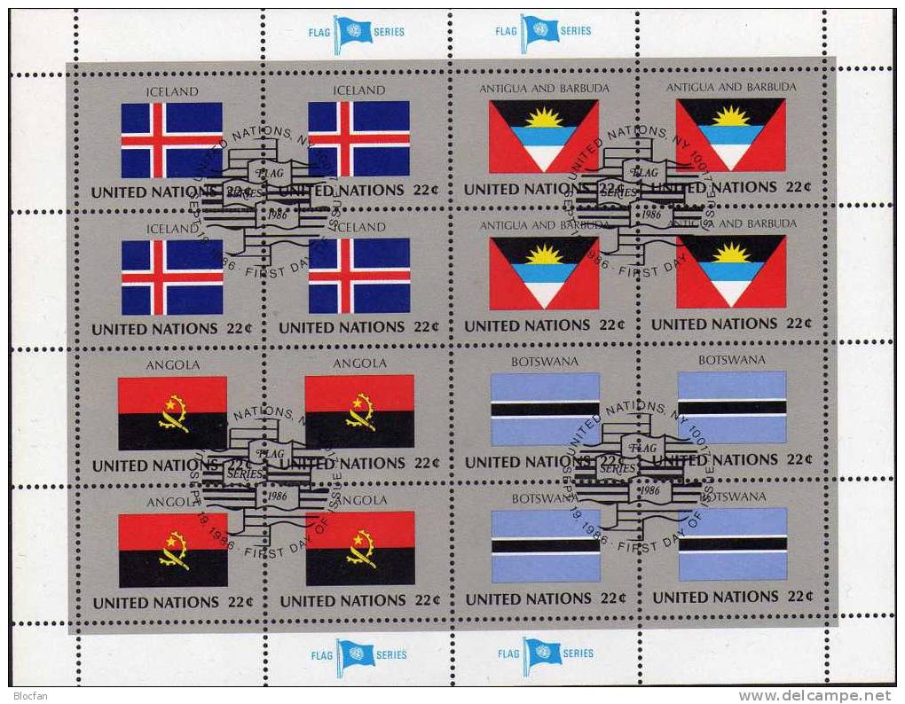 Flaggen VII 1986 UNO New York 499/14+ 4xKleinbogen O 55€ Neuseeland Laos Obervolta Gambia Island Angola Flag Sheet Bf UN - Obervolta (1958-1984)