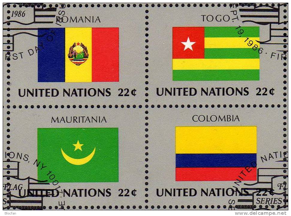 Flaggen VII 1986 UNO New York 499/14+ 4xKleinbogen o 55€ Neuseeland Laos Obervolta Gambia Island Angola flag sheet bf UN