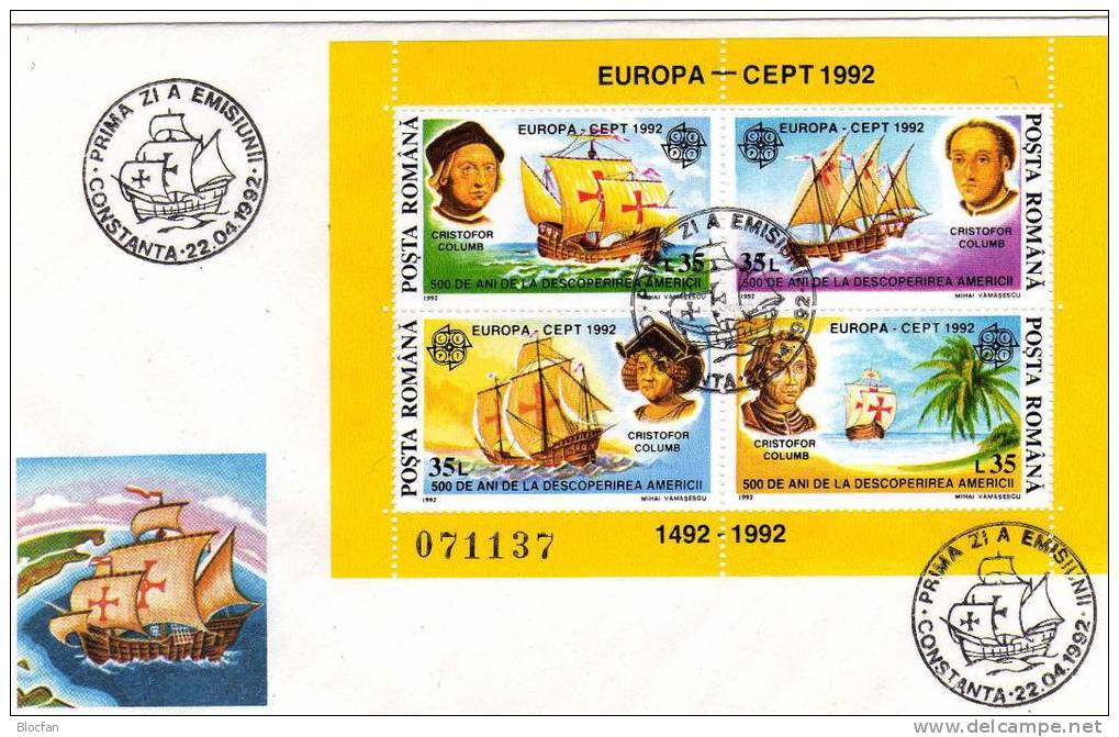 CEPT 1992 Kolumbus Entdeckung Amerikas Rumänien 4790/3, Block 271 + FDC 37€ - FDC