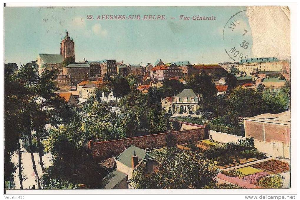 AVESNES SUR HELPE..VBUE GENERALE..TIMBRE ENLEVE..1936 - Avesnes Sur Helpe