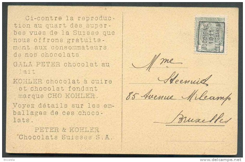 PREO N°81 Préoblitéré JODOIGNE 1911 GELDENAKEN S/C.V Vers Bruxelles - Thèmatique CHOCOLAT GALA PETER - KOHLER, Choclolat - Sobreimpresos 1906-12 (Armarios)