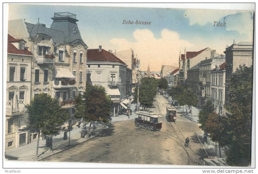 Tilsit Hohe Straße Color Sowetsk Straßenbahn Tram 20.9.1911 Gelaufen Cigarren Geschäft - Ostpreussen