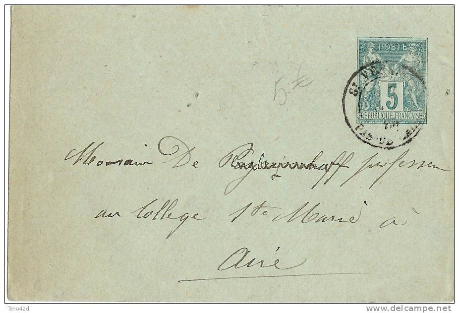 REF MM10 - ENVELOPPE SAGE 5c VERT FONCE VOYAGEE VERS AIRE-S-LA-LYS JANVIER 1885 - Enveloppes Types Et TSC (avant 1995)