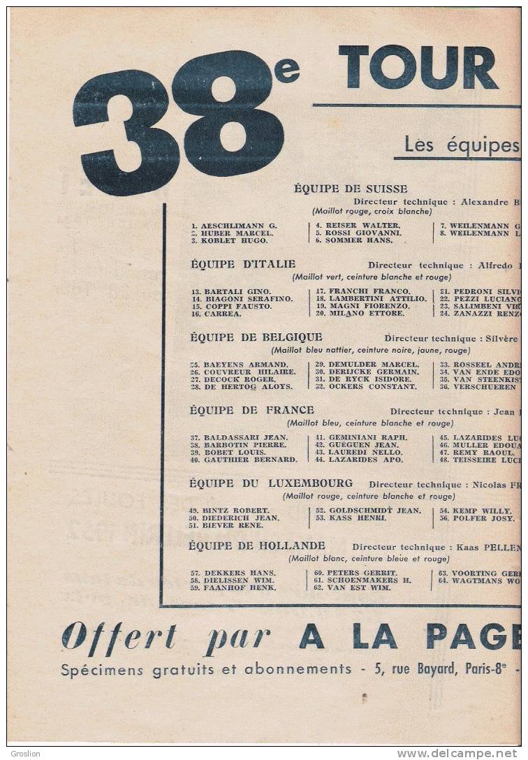 PROGRAMME DU TOUR DE FRANCE 1951 OFFERT PAR L'ALMANACH DU PELERIN"ET LE JOURNAL " A LA PAGE" TRACE ET LISTE DES COUREURS - Cyclisme