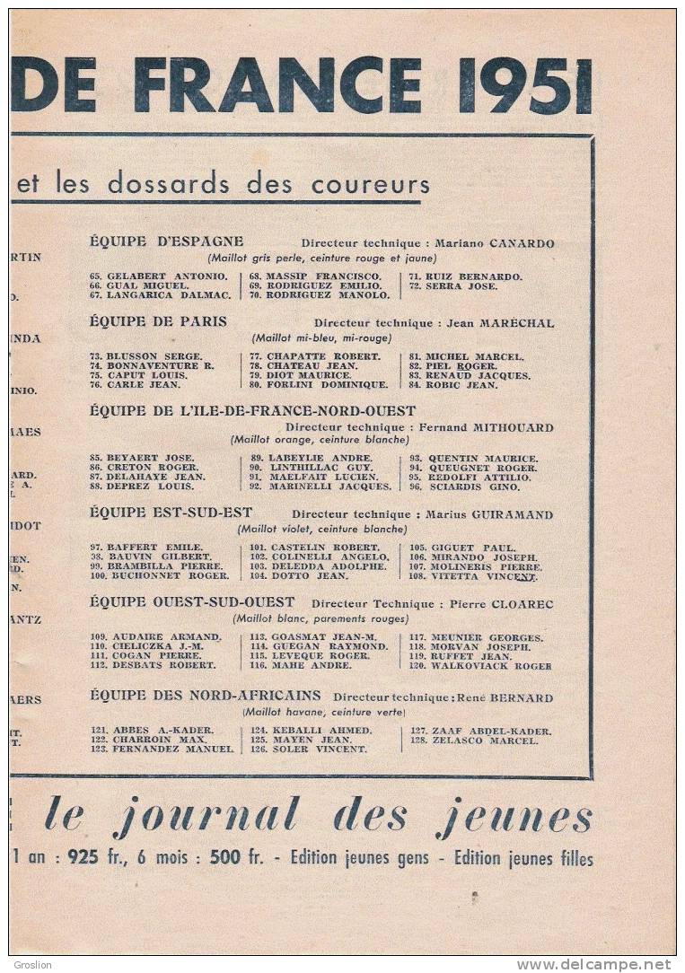 PROGRAMME DU TOUR DE FRANCE 1951 OFFERT PAR L'ALMANACH DU PELERIN"ET LE JOURNAL " A LA PAGE" TRACE ET LISTE DES COUREURS - Cyclisme