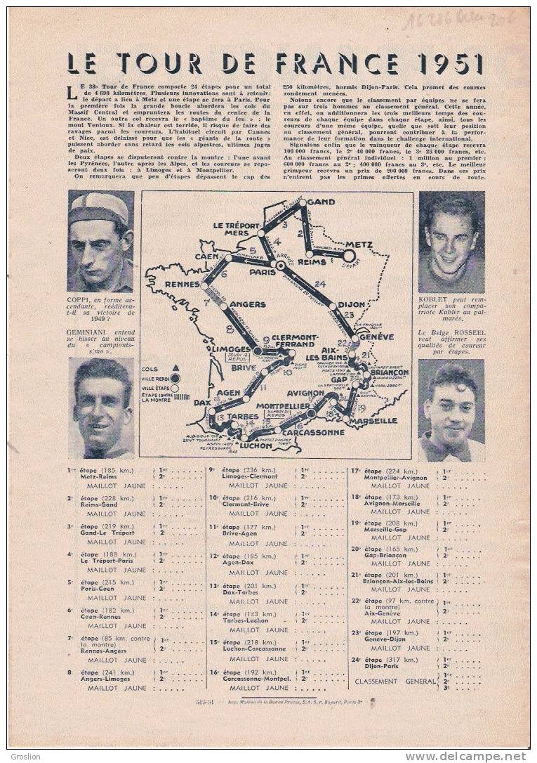 PROGRAMME DU TOUR DE FRANCE 1951 OFFERT PAR L'ALMANACH DU PELERIN"ET LE JOURNAL " A LA PAGE" TRACE ET LISTE DES COUREURS - Cyclisme